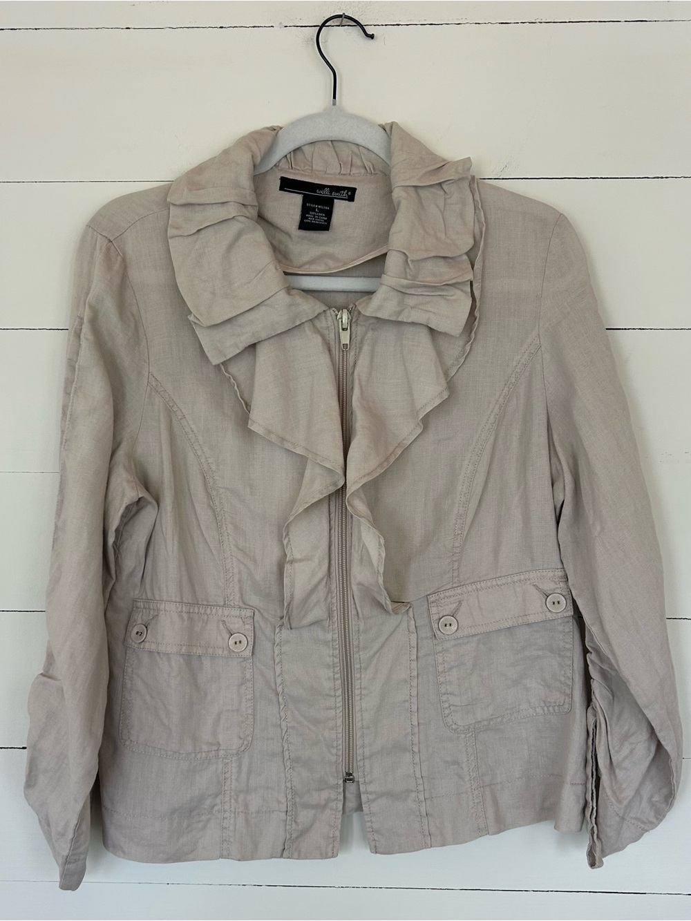 Willie Smith Light Beige Ruffle Collar Zip-Front Utility Jacket, Size Large - Picture 1 of 5